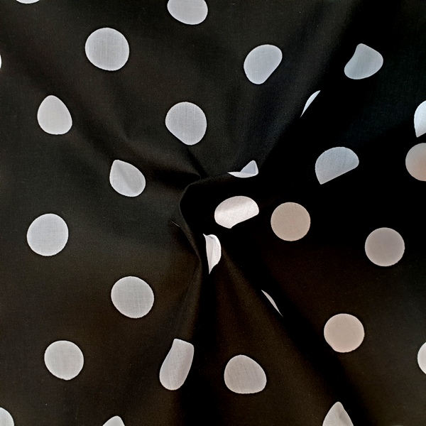 Polycotton Polkadots WHITE on BLACK